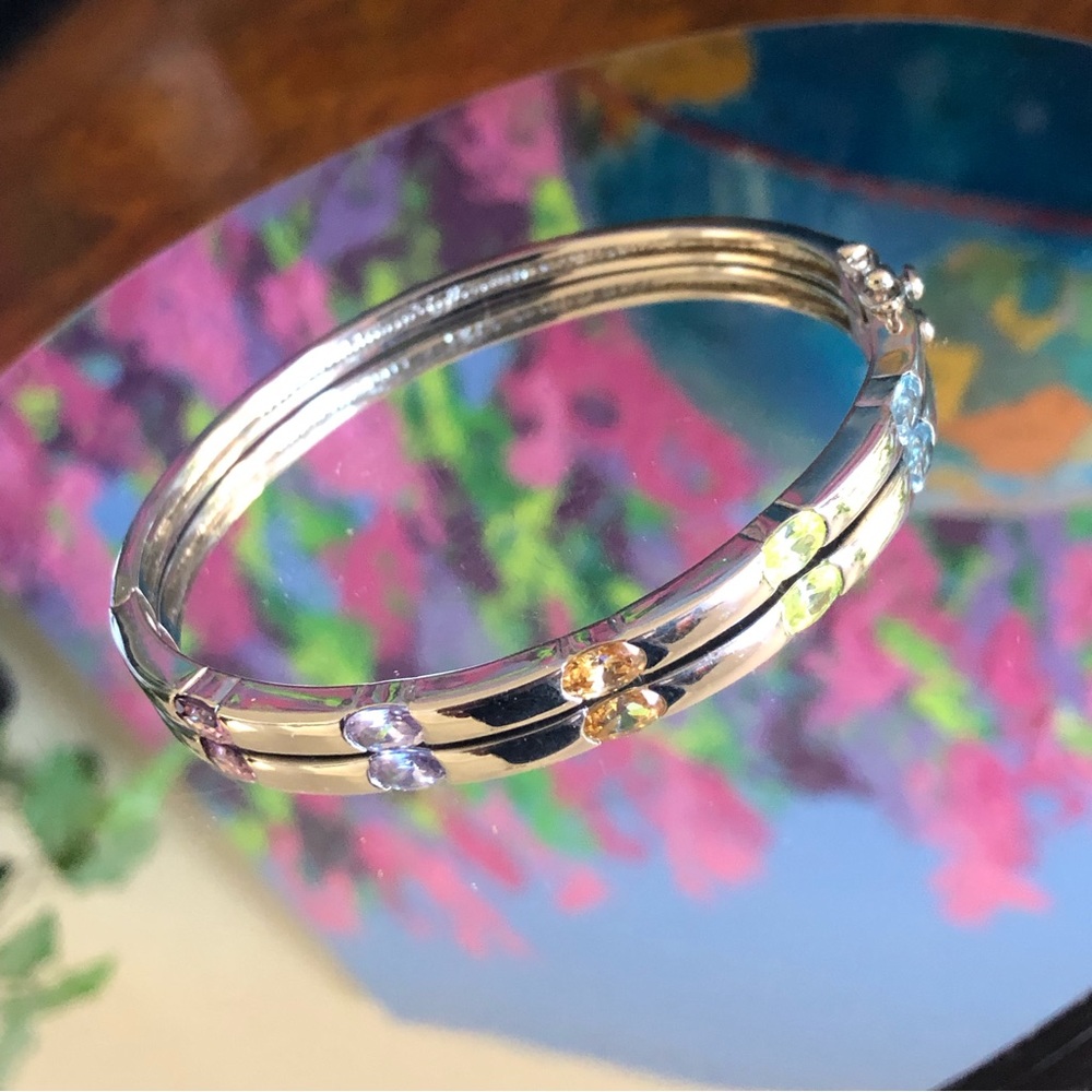 Oval colorful glass stone silver bangle bracelet